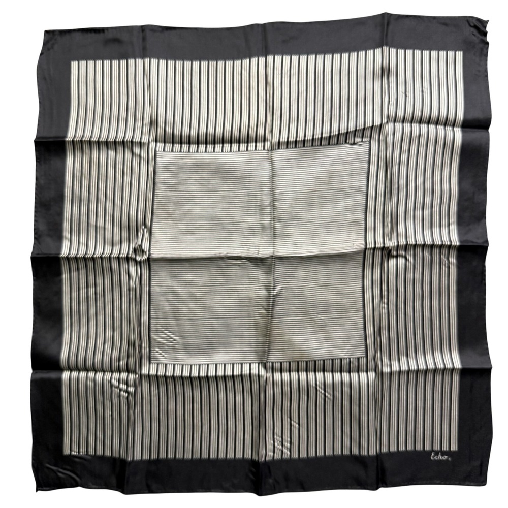 Echo Scarf Women OS Black Excellent Vintage Silk Pinstripe Geometric Square